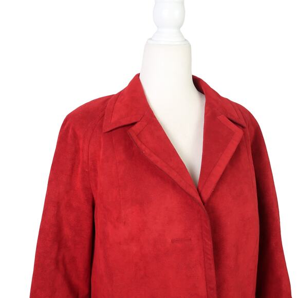 Vintage 70s deep red faux suede button front mid length coat L - Picture 2 of 7